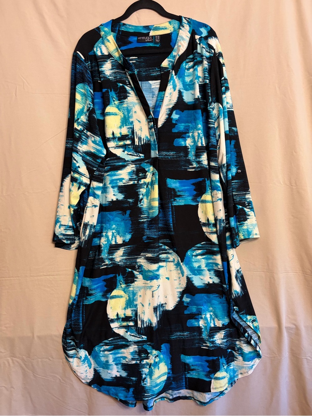 Attitudes by Renee Tunic Top Vibrant Blue Watercolor Illusion Print V-Neckline